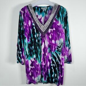 Essentials Sequin Beaded Micro Pleat Tunic Vneck Tie Dyed Green Purple Top NWOT